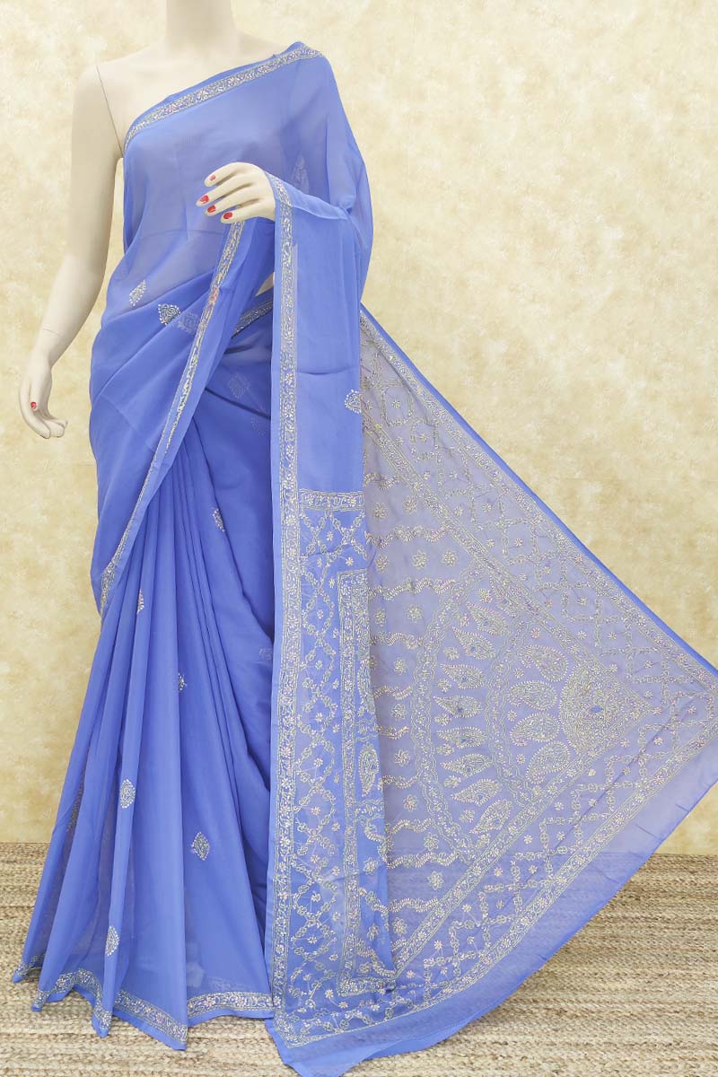 Blue Colour Designer Hand Embroidered Lucknowi Chikankari Saree ( With Blouse - Georgette ) Mc251446